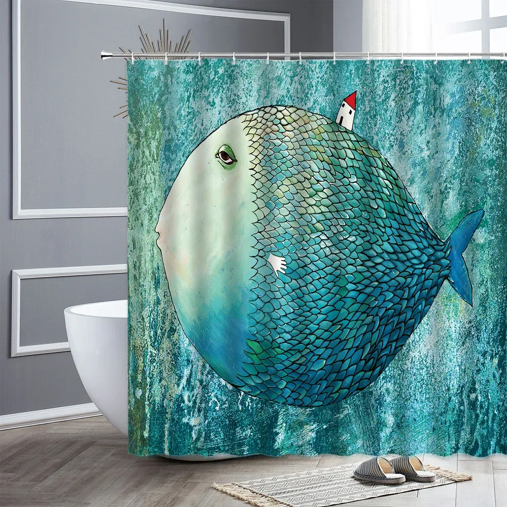 Curtains Cartoon Big Fish Small House Abstract Art Shower Curtains Nordic Style Creative Home Decor Children Bathroom Curtain Bath Screen