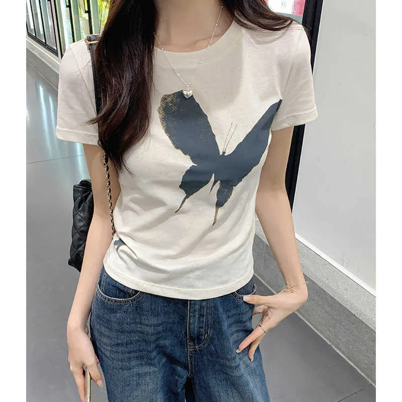 T-shirt a maniche corte sottile in cotone neve per donna Versatile estate con stampa di farfalle sulla spalla anteriore dimagrante 2024