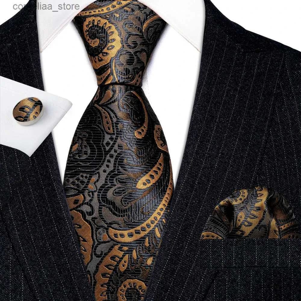 Krawatten Krawatten Designer Herrenkrawatten Schwarz Braun Gold Paisley Floral Seide Krawatte Einstecktuch Manschettenknöpfe Set Geschäftsgeschenk BarryWang 6055 Y240325