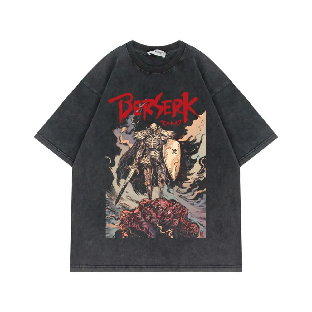 Washed Distressed Short Sleeved T-shirt, Sword Style Legendary Anime BERSERK Top, Trendy Cotton T-shirt