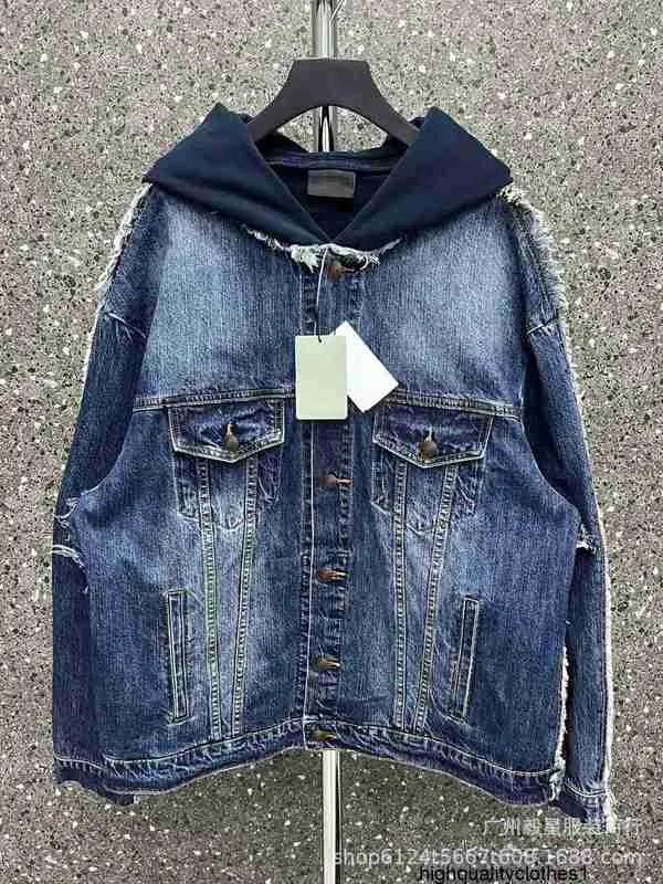 Дизайнерская высокая версия 24 осень-зима с рваными шерстяными краями поддельная джинсовая толстовка с капюшоном в стиле пэчворк из двух частей B куртка с капюшоном для семейной пары 69W5
