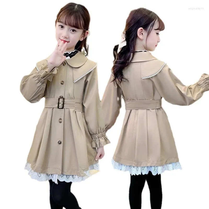 Jaquetas meninas longas trench coats moda inglaterra estilo blusão jaqueta menina primavera outono crianças rendas inferior hem roupas 3-12 y