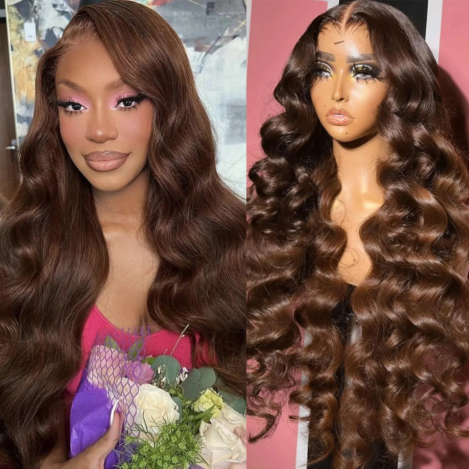 Chocolate Brown Body Wave Lace Front Wigs Human Hair Pre Plucked 4 Colored 13X4 HD Transparent Lace Front Wigs for Women