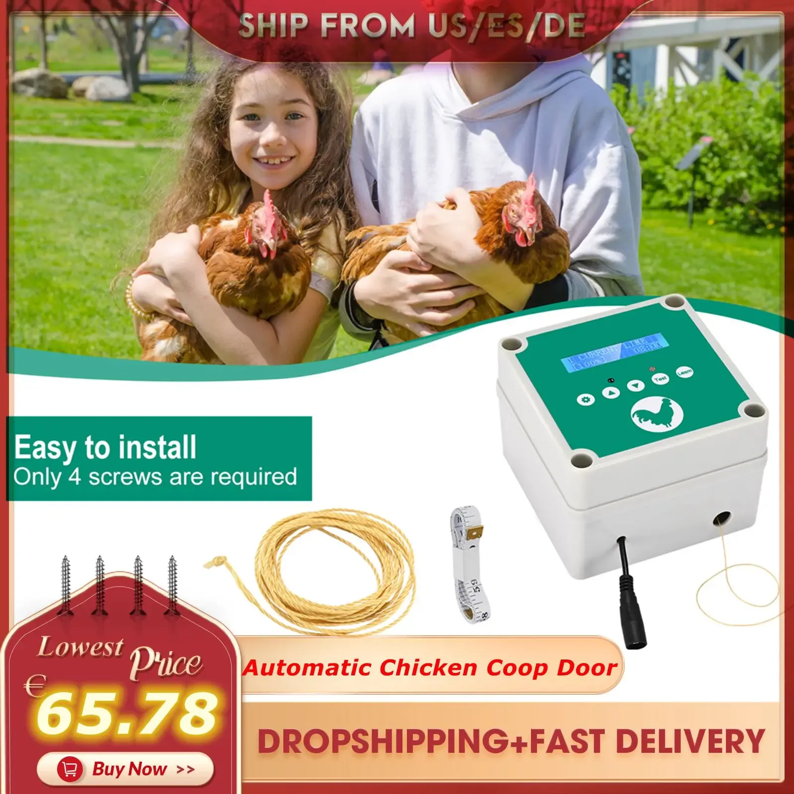 Tillbehör Automatisk kyckling Coop Door Light Sensor Timer Öppen och stängd LCD -skärm Solenergi Energi Powered Supply Chicken Coop Dörr