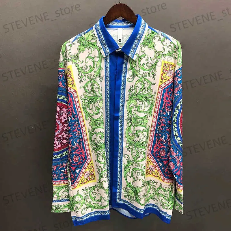 Herren lässige Hemden böhmische ethnische Retro -Print -Muster Langes Slve Hemd Urlaub Casual Kleid Männer Kleidung Hawaiian Hemden Slim Mode Chemise Hommi T240325