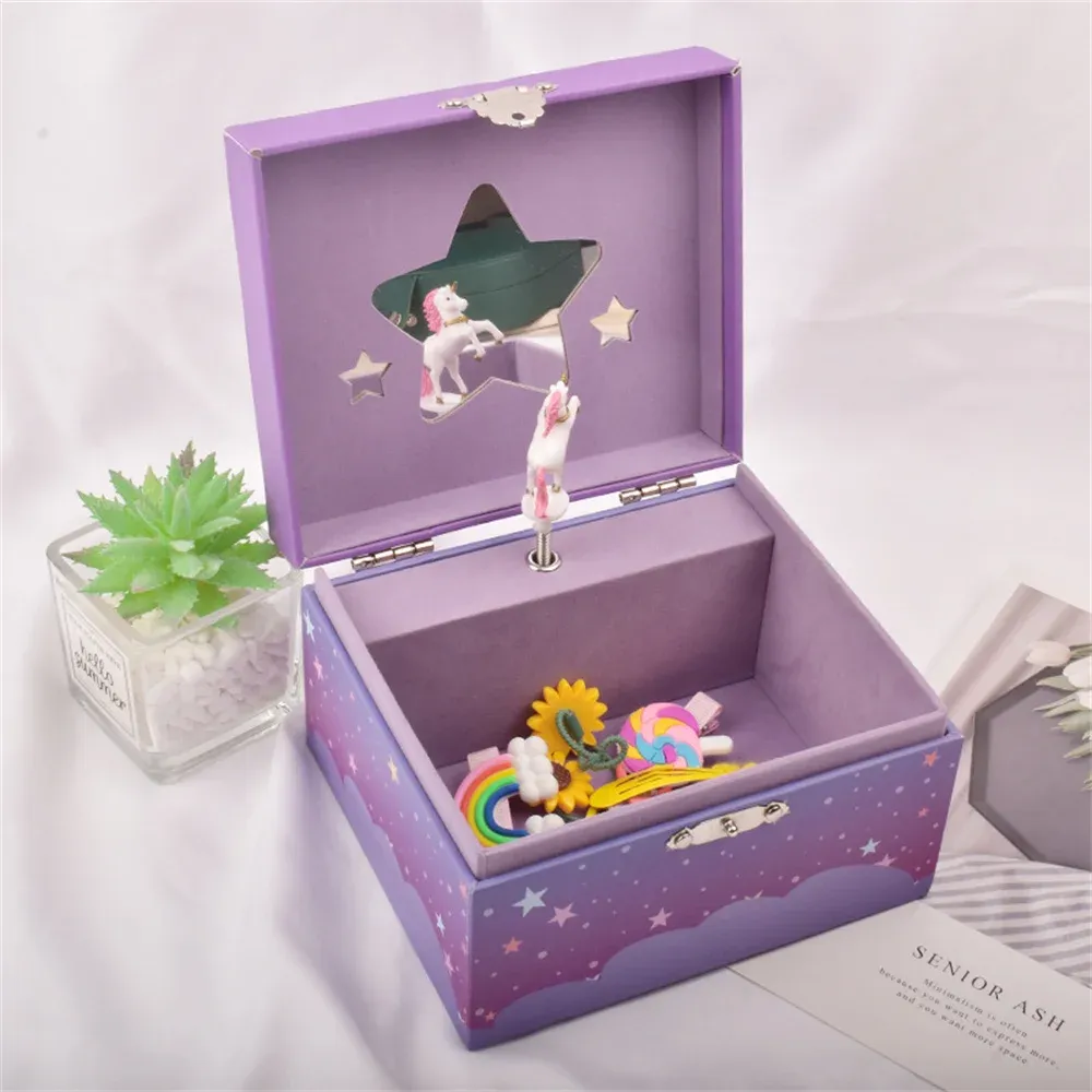 Caixas de armazenamento de jóias musicais da menina presente do dia das crianças com girando unicórnio arco-íris e estrelas design linda caixa de música