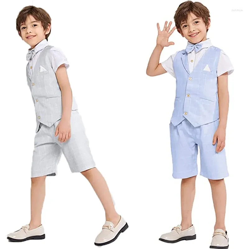 Set di abbigliamento Estate Ragazzi Gilet scozzese Pantaloncini Cravatta Set da 3 pezzi Moda Bambini Host Passerella Festa di compleanno Costume Abito formale per bambini