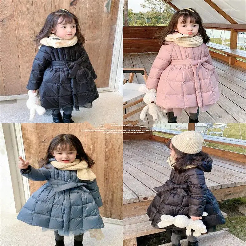 Вниз пальто девушки с мягкими куртками мода Bowknot Кружевая одежда детская зима теплое повседневное верхняя одежда для детей 1-6 лет, корейская принцесса, принцесса
