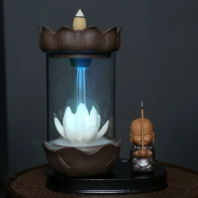 Burners Color Changing LED Light Windproof Waterfall Incense Burner Zen Peaceful Monk Lotus Incense Stick Holder Lucky Home Decoration