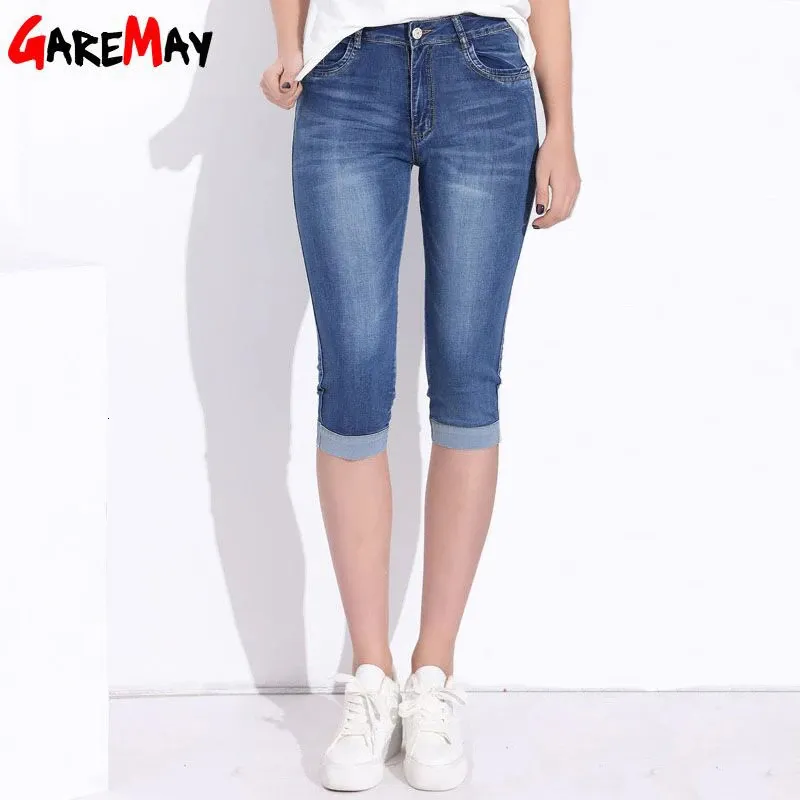 Plus size magro capris jean feminino estiramento na altura do joelho denim calças shorts calças femininas cintura alta verão jeans para meninas 240320