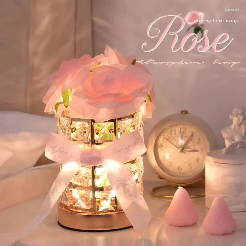 Lâmpadas de mesa Cristal Rose Flor Lâmpada LED Night Light Recarregável Dimmable Artificial Room Decor Mulheres Presente Bedside