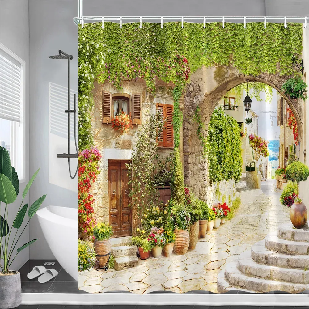 Zasłony Europejski krajobraz zasłony prysznicowe zielone winorośl rośliny kwiaty Vintage Street Sceneria poliester łazienki wystrój kurtyny z haczykami