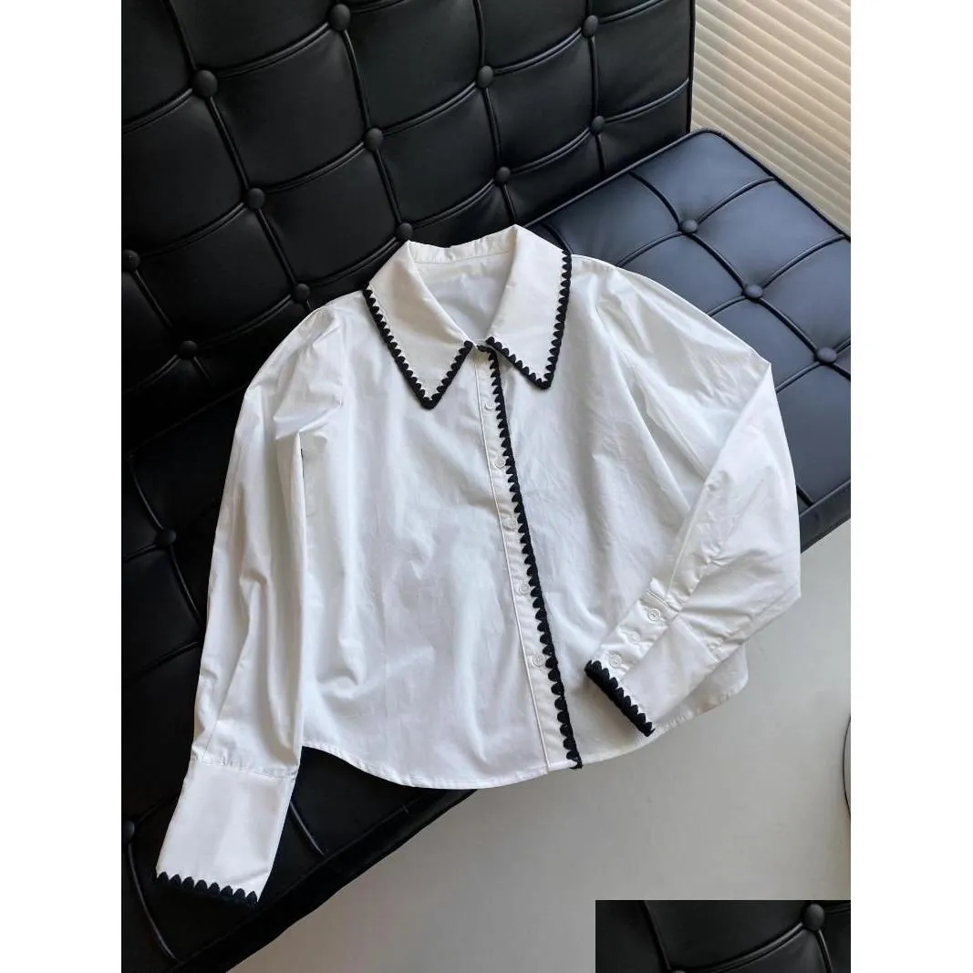 Blusas femininas camisas primavera e verão branco algodão bordado gancho camisa casual decote lapela costura contra cor entrega gota otoso
