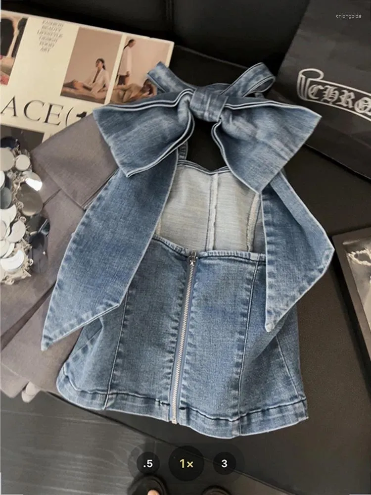 Women's Tanks Blue Denim Crop Top Vintage Y2k Summer Camisole 90s Aesthetic Fashion Streetwear 2000s Sleeveless Bow Jean Tank Vest