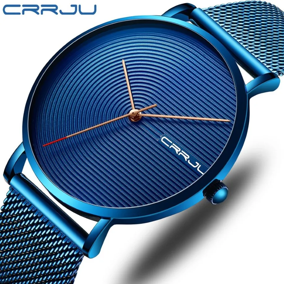 Crrju Luxury Men Watch Fashion Minimalist Blue Ultra-Thin Mesh Strap Watchカジュアル防水スポーツ男性腕時計ギフト