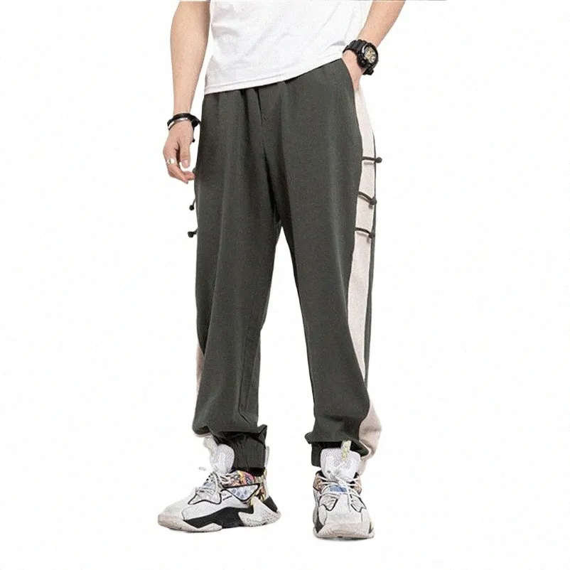 Men Cott Linen LG Pants Joggers Streetwear Patchwork Sweatpants Byxor Män avslappnade lösa raka byxor plus storlek M-8XL F2WV#