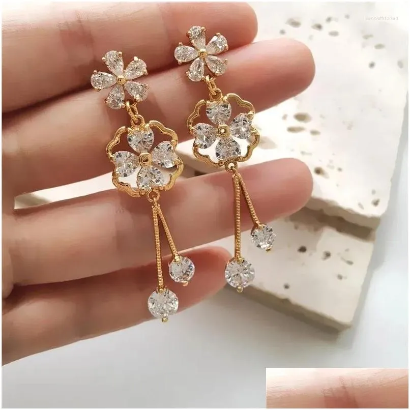 Boucles d'oreilles lustre pendantes, mode exquise, fleur en Zircon, longue femme, livraison directe, bijoux Otwwy