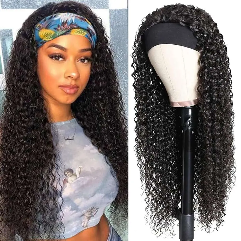 Bellarayine Deep Wave 20インチヘッドバンドウィッグGlueless Curly None Lace Front Wigs for Black Women Human Hair Natural Color