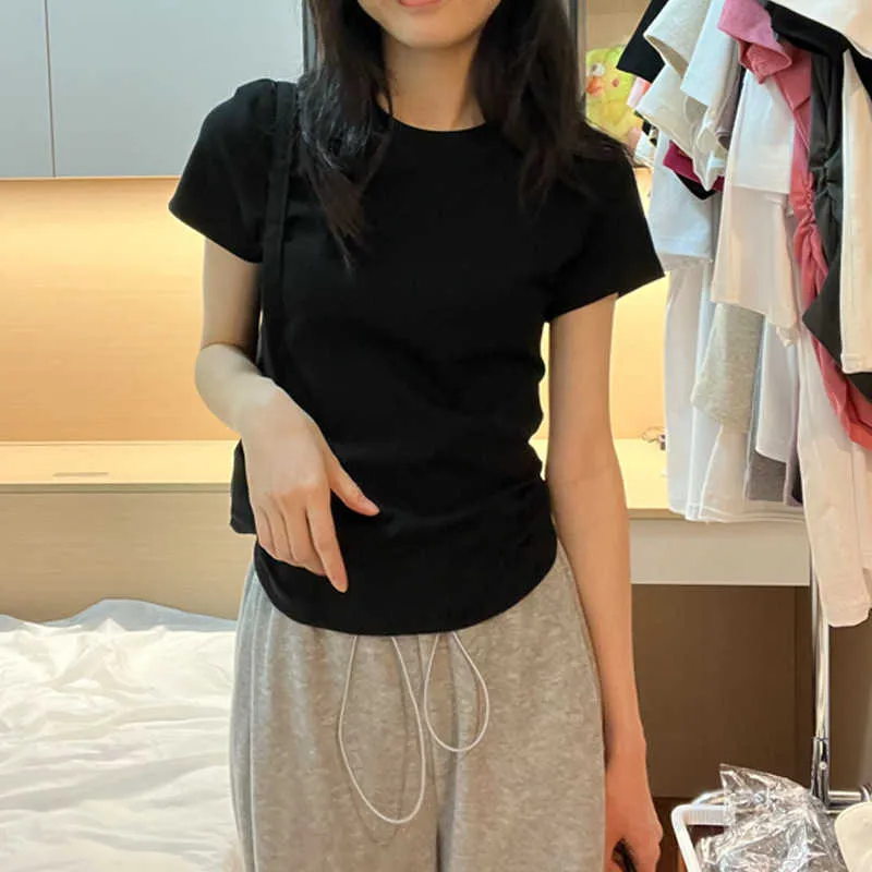 女性用コットンショルダーショートスリーブTシャツ夏のカジュアル用途のスリムフィットブラックスリミングベーシックスタイルベースシャツ