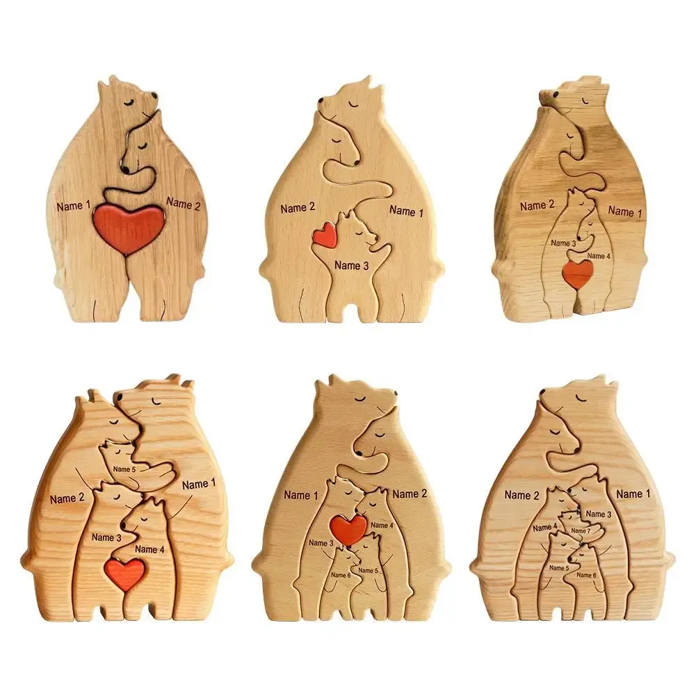 Miniatures Natural Wooden Personalized Bear Family Custom Name Heart Art Puzzle Home Decoration Ornaments Hand Carved Wood Figurine Gifts