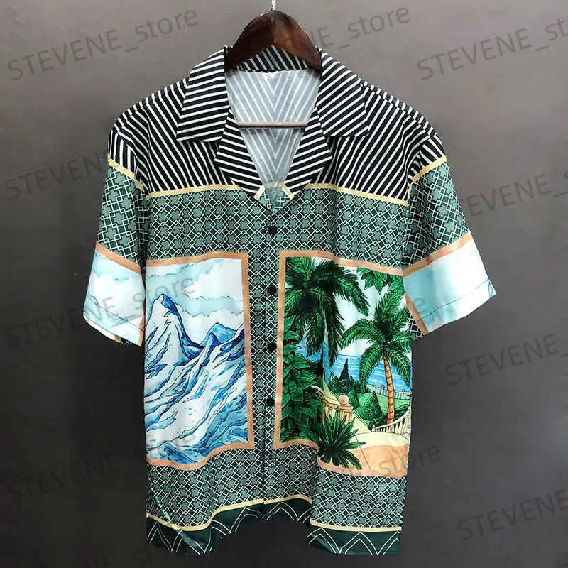 Camicie casual maschile per campioni di carta da gioco vintage stampato patchwork 2023 Summer Men Shirts Strtwear Strtwear Shirt Beach Shirt Hip Hop Casual Holiday Tops T240325