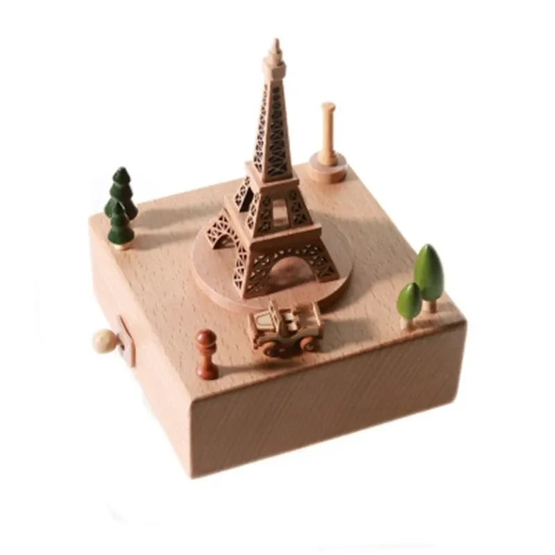 Lådor för Eiffel Tower Wood Music Box Table Hemdekoration Alla hjärtans dag present Ornam
