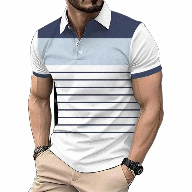 Fi Stripe Print Polo T Shirt dla mężczyzn sportowy golfa noś Summer Casual Lapel Butt Shirts Oversizefl krótkie topy Y5a7#