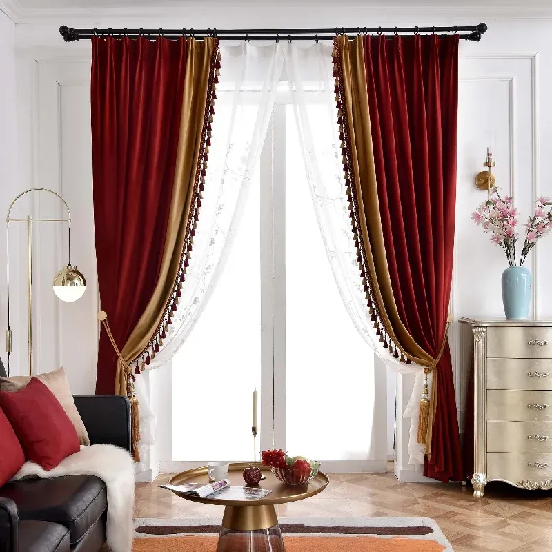 カーテンリビングルームのための豪華なフレンススタイルのカーテン高品質のコルチナピーコックグリーンブルーレッドベルベットカーテンベッドルームバランスカスタム