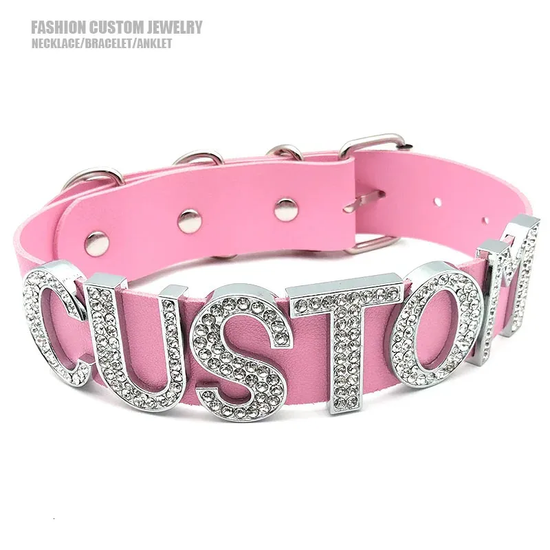 Strass grandes letras rosa couro pu gargantilha colar punk personalizado nome personalizado colares para mulheres masculino traje presente 240315