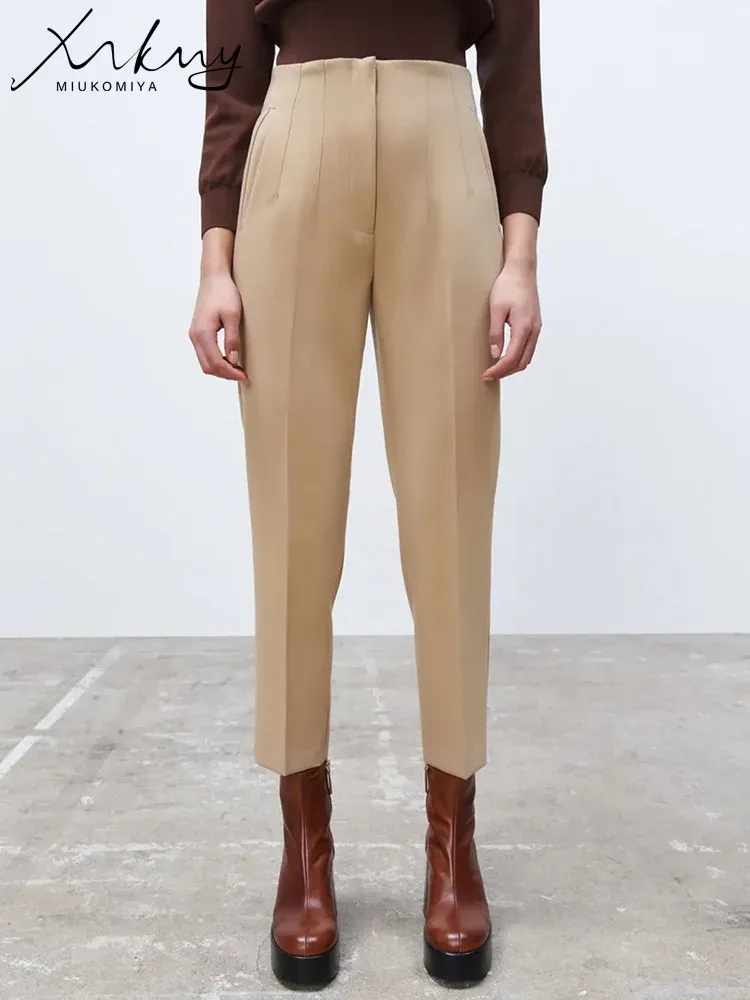 Capris Miukomiya Khaki Women's Pants Elegant for Work 2023 Summer Pounsers Women Officeシンプルなカジュアルアンクルパンツハイウエスト