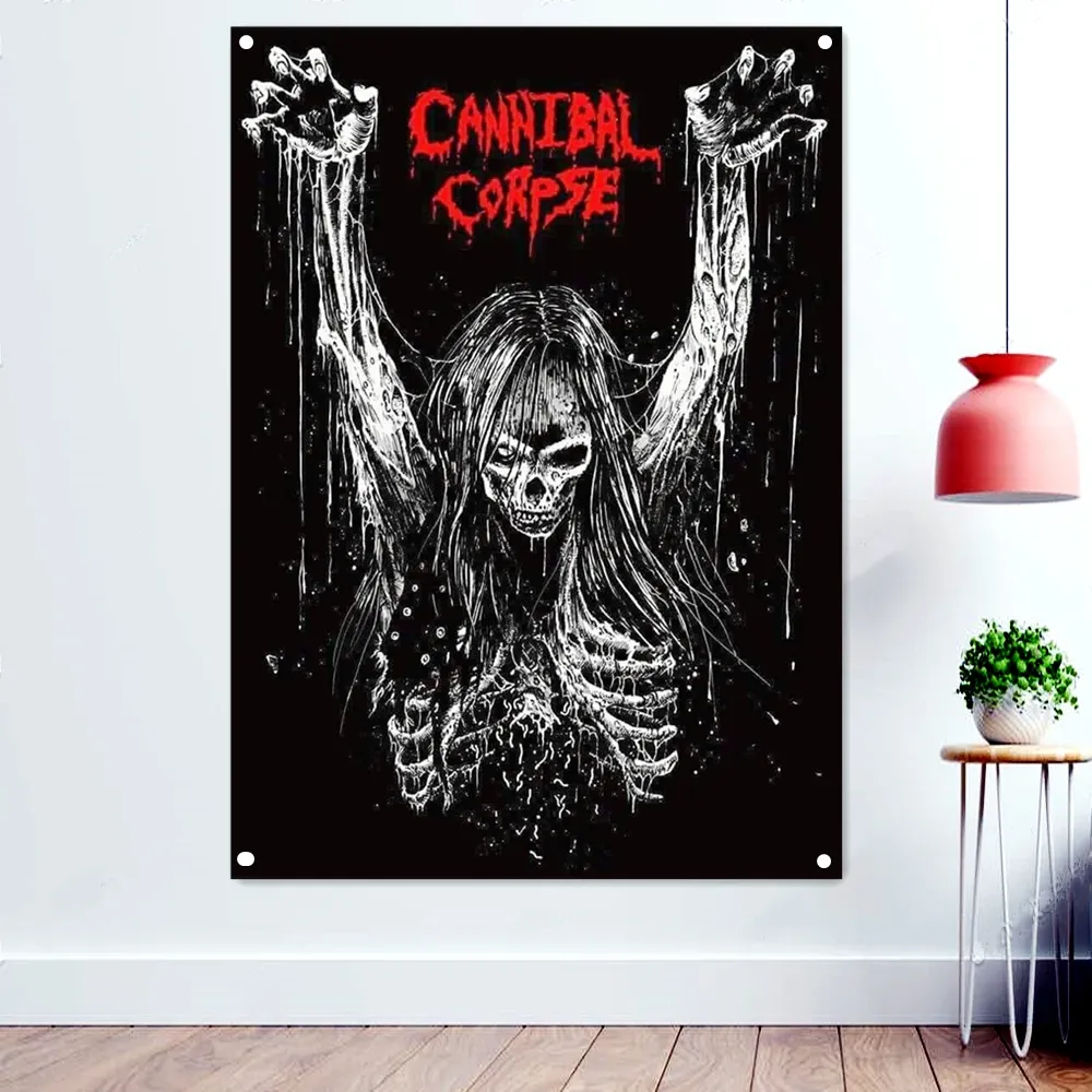 Tillbehör Death Metal Icon Illustrationer hänger flagga Cannibal Corpes Skull Art Poster Black/White Skeleton Banners Wall Sticker Heminredning