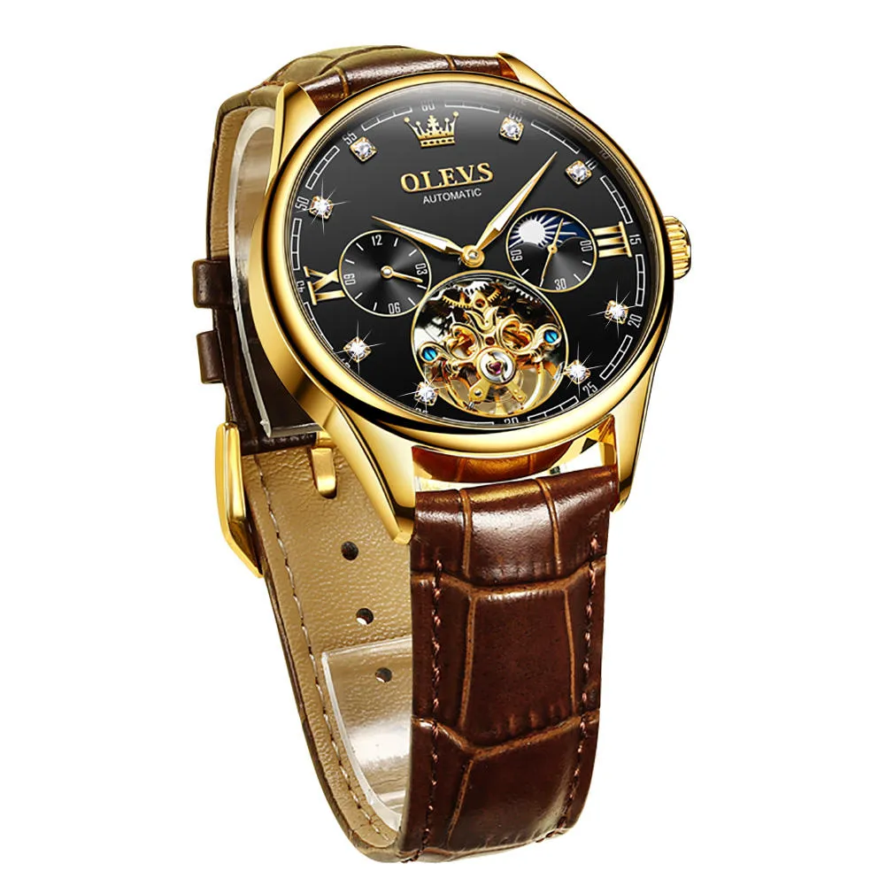OLEVS 3601 orologio da lavoro di lusso orologio con fasi lunari in pelle orologio classico della moda luminoso orologio meccanico automatico da uomo impermeabile