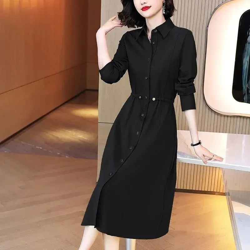 Elegant Khaki Satin Mid Dress with Turn-Down Collar, Long Sleeves, Drawsting Pockets, and Silk Formal Shirts for Women for Women - Perfect for Casual