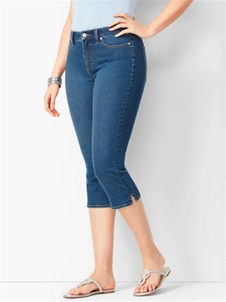Calças de brim da mulher do verão preto branco denim calças senhoras calças cortadas magro na altura do joelho feminino elástico cintura alta jeans oversize 240315