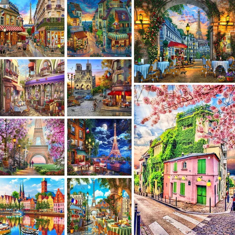 Numéro de paysage dessin animé City Paris Coloriage par nombre de peintures peintes acryliques peintures 40 * 50 PAITING BY NUMBER POUR LES ENFANTS L'ART MÉDICAT