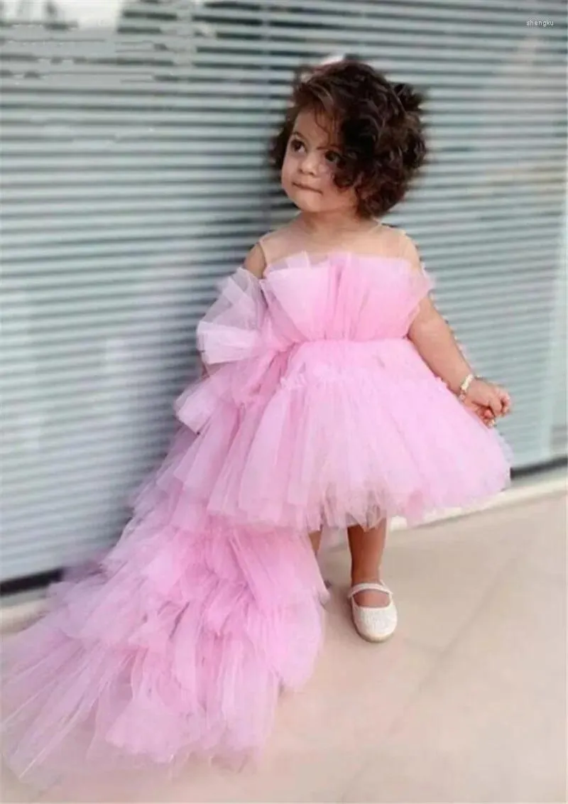 Robes de fille en Tulle rose, jolie robe de bébé avec longue traîne, robe d'anniversaire pour enfants de 12 à 18 mois et de 24 mois de concours