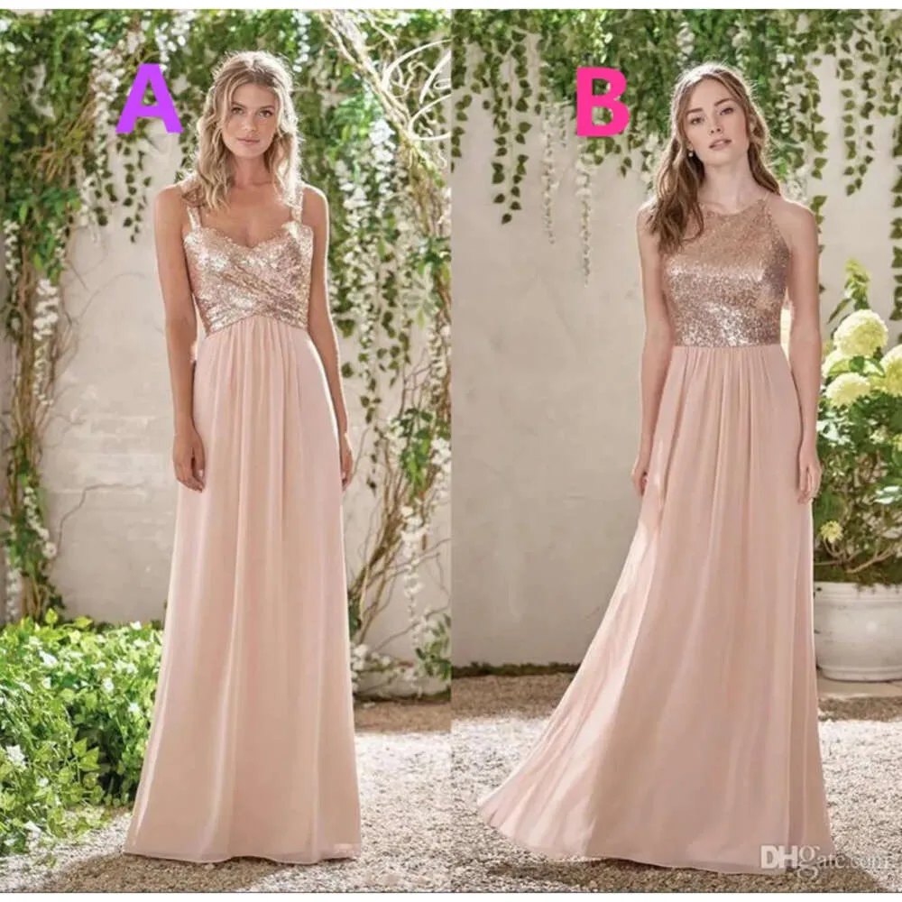 Goldfarbene, mit Pailletten besetzte Rose, glitzernde Brautjungfern-Kleider aus langem Chiffon mit Neckholder, A-Linie, Trägern, Rüschen, Perlenrosa, Trauzeugin-Kleider für Hochzeitsgäste