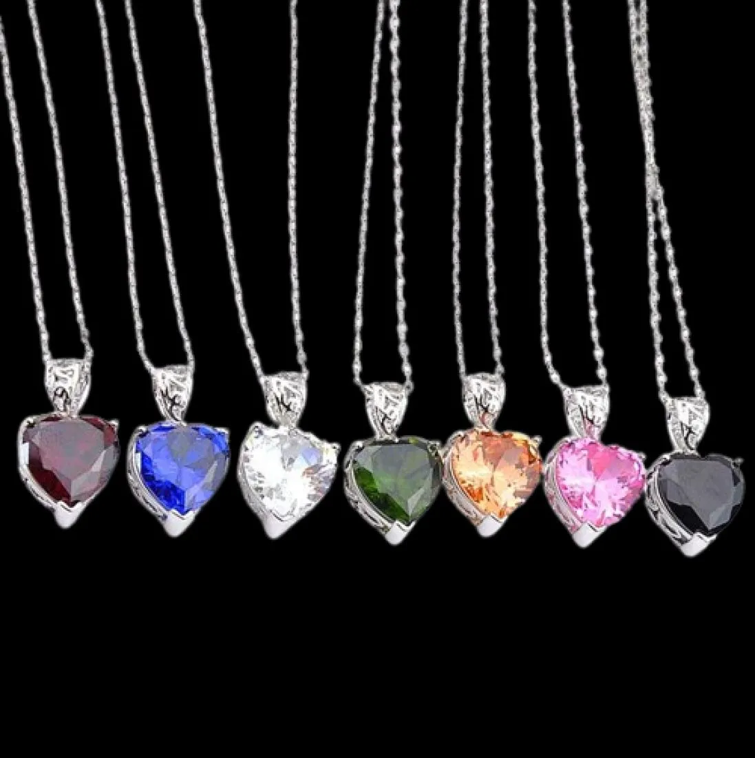 Yeni Luckyshine 12 PCS Love Heart Mix Renk Morganite Peridot Citrine Gems Gümüş Düğün Partisi Hediye Kolye Kolyeleri