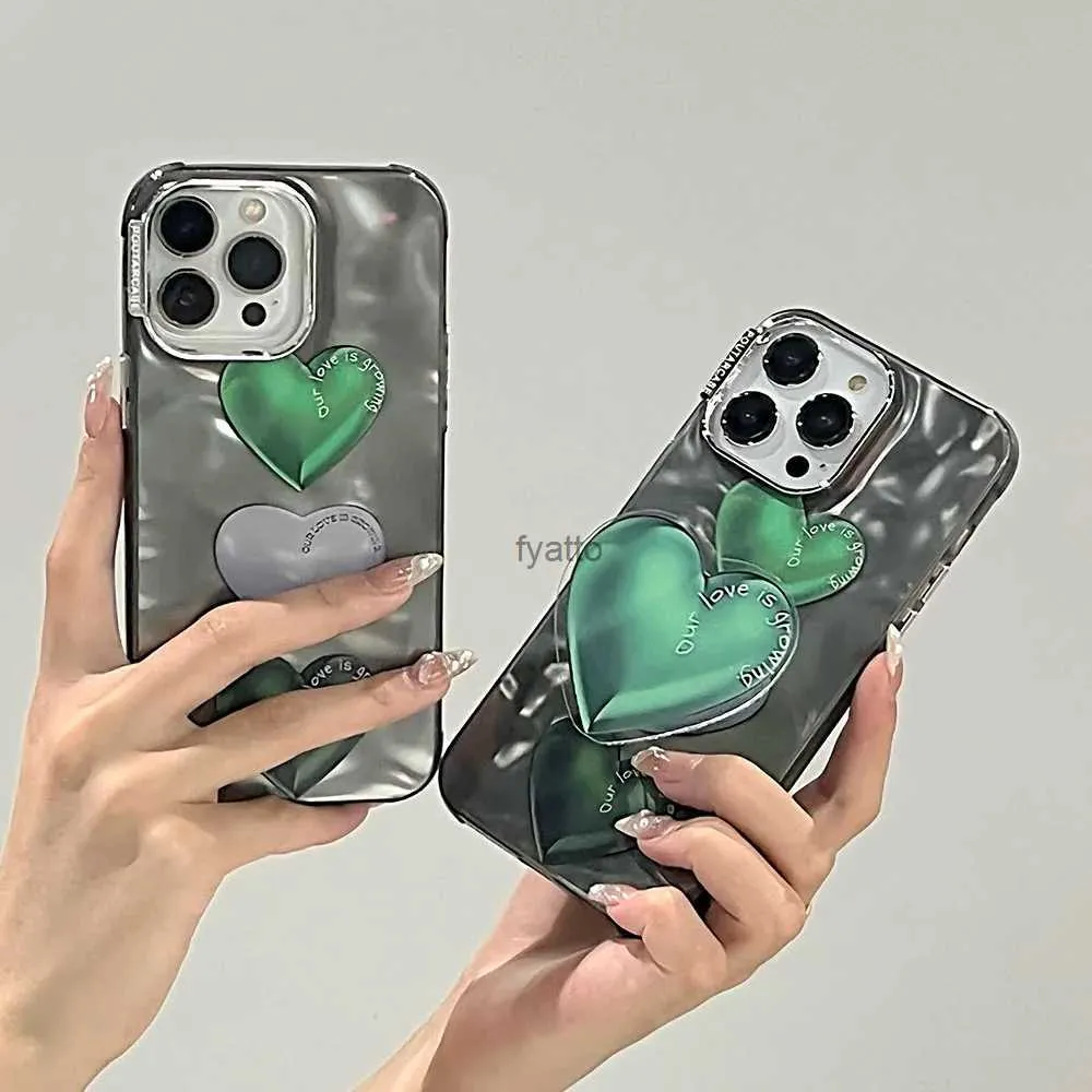 حالات الهاتف الخليوي الكوري 3D لطيف الماء Ripple Green Love Heart +Bracket Ring Holder Stand Soft Phone Case for iPhone 11 14 Pro Max 12 Pro 13 Cover H240326