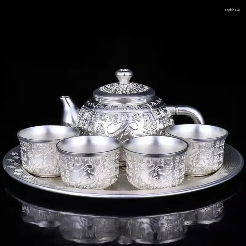 Teegeschirr-Sets, hochwertiges silbernes Tee-Set, handvergoldete Teekanne, Baifu-Anzug, versilbertes Weinglas aus chinesischem Glas