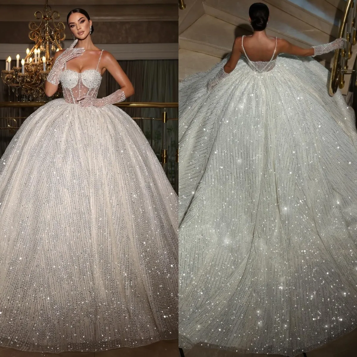 Superbe robe de bal de cristal robe de mariée pour mariée paillettes perles robes de mariée spaghetti robe de Noiva Dubaï saoudien arabe illusion corsage robes de mariée