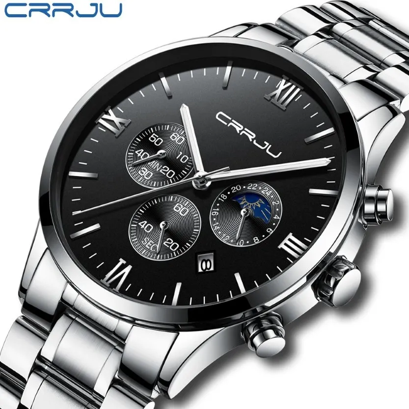 Relogio Masculino Crrju Men Luxury Full Steel Watchesファッションスポーツクォーツミリタリードレスウォッチ雄の明るい防水時計250f