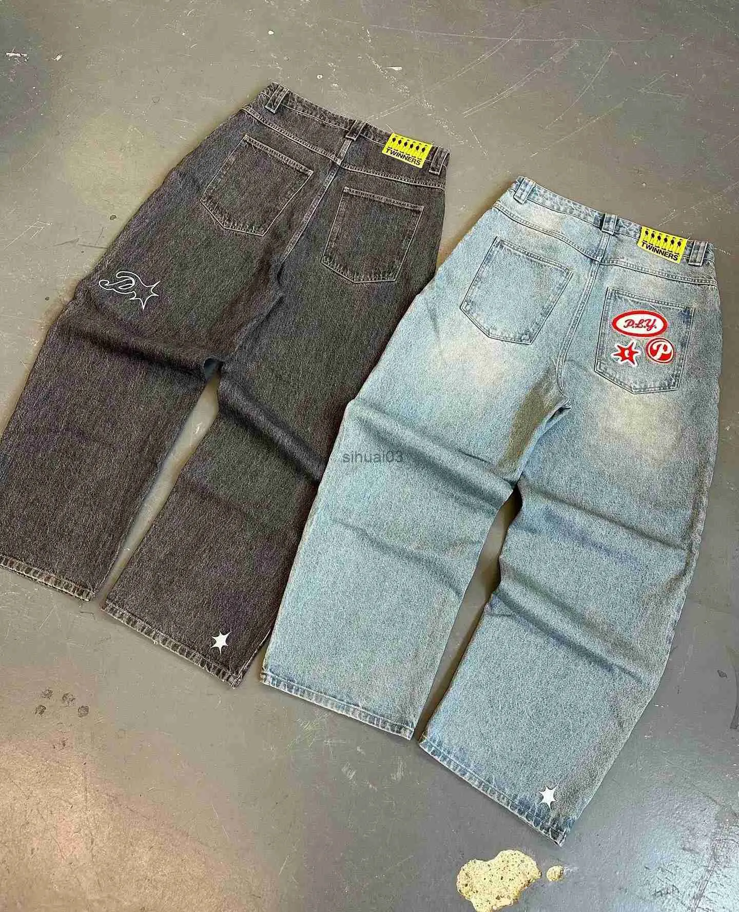 Jeans pour hommes Retro Lettre brodées Broidered Jeans Y2K Pocket Gothic Hip-Hop Gothic Hip-Hop HARAJUKU Vêtements de rue larges Bénégers Jeansl2403