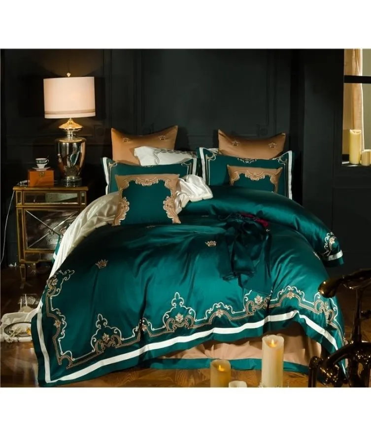 Green Red Luxury Gold Royal Brodery 80s Egyptian Cotton 47 st Sängkläder Set Queen King täcke täcke Bed Sheetlinen Pillowcases T4999524