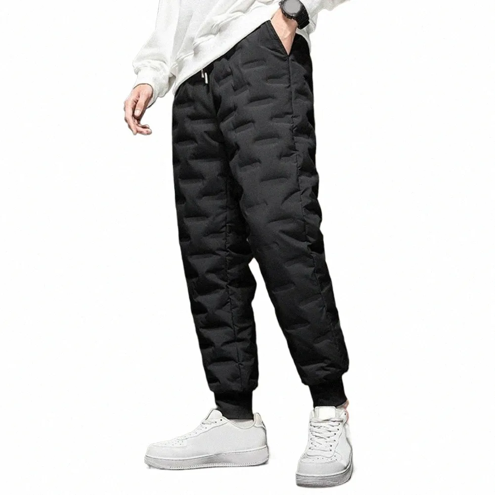 Elastiska midjemän förtjockade Cott Pants Men's Winter White Duck ner vadderade termiska svettbyxor med elastisk för streetwear x9ut#