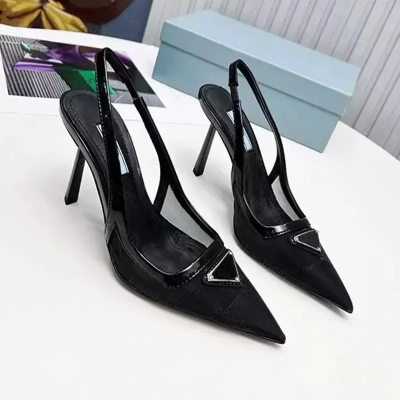 Designer Pointed Toes Pumps Slingback Logo Plaque Slippers sandals shoes women high heels Brushed leather patent leather sling back toe dress party wedding Summer