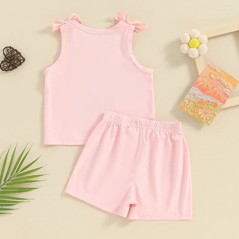 Kläder sätter Little Baby Girl Summer Round Neck Sleeveless Letter Print Elastic Bow Tank Tops med Solid Color Shorts Outfit Clothes Set