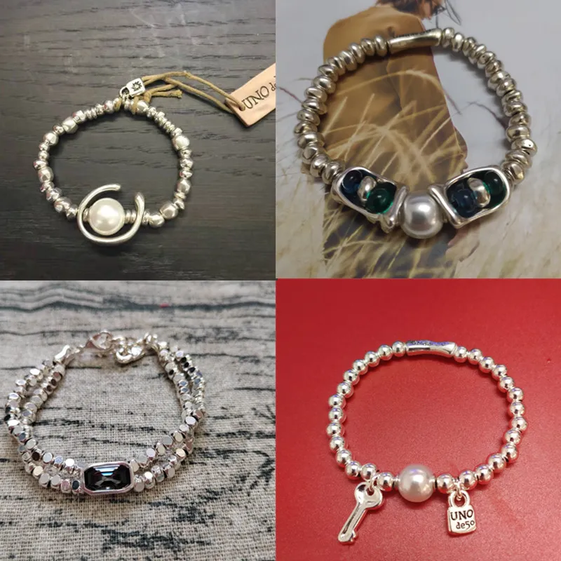 UNOde50 Designer-Charm-Armbänder für Damen, 925er Silber, Vorhängeschloss, doppellagige Kristall-Paarkette, Herren-Perlen-Lederarmband, beliebtes hochwertiges Schmuckgeschenk