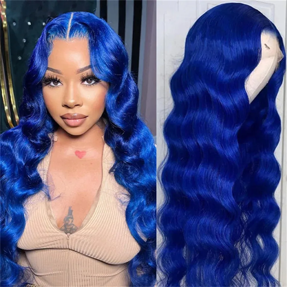 Sapphire Blue 13x4 Body Wave Glueless Spets Front Human Hair Wigs Dark Blue Colored HD Transparent Spets Frontal Wig Pre Plucked