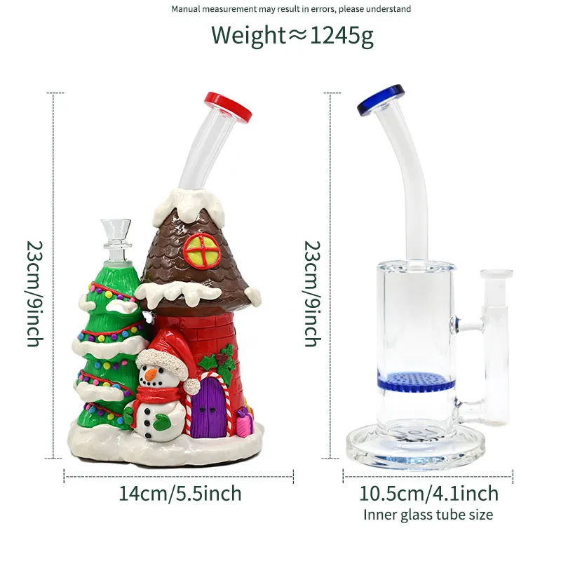 1 pieza, 9 pulgadas, Burbujeador de vidrio verde con difusor fijo Bongs de tubería de agua con vástago inferior, Caly de polímero coloreado, Resplandor en la oscuridad, Pipas para fumar de vidrio con dibujos navideños, Papá Noel